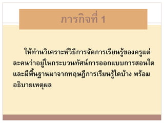 ภารกิจที่ 1

    ให้ท่านวิเคราะห์วิธีการจัดการเรียนรู้ของครูแต่
ละคนว่าอยู่ในกระบวนทัศน์ การออกแบบการสอนใด
และมีพืนฐานมาจากทฤษฎีการเรียนรู้ใดบ้าง พร้อม
       ้
อธิบายเหตุผล
 