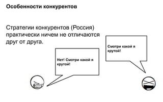 Особенности конкурентов


Стратегии конкурентов (Россия)
практически ничем не отличаются
друг от друга.
                                      Смотри какой я
                                      крутой!

                Нет! Смотри какой я
                крутой!
 