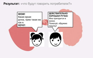 Результат: «что будут говорить потребители?»


         WOW!                   ДЕЙСТВИТЕЛЬНО
         Какая яркая            ХОРОШАЯ РУЧКА!
                                Мне пригодится в
         ручка, прям такая же   жизни.
         как я.                 Пожалуй, обдумаю
         ХОЧУ!                  покупку!
 