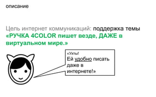 описание



Цель интернет коммуникаций: поддержка темы
«РУЧКА 4COLOR пишет везде, ДАЖЕ в
виртуальном мире.»
                   «Ухты!
                   Ей удобно писать
                   даже в
                   интернете!»
 