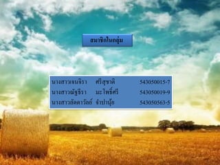 สมาชิกในกลุ่ม



นางสาวเจนจิรา ศรี สุชาติ     543050015-7
นางสาวณัฐธีรา มะโพธิ์ศรี     543050019-9
นางสาวลัดดาวัลย์ จาปานุย
                       ้     543050563-5
 