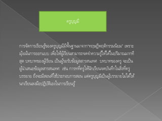 ครูบญมี
                                 ุ


การจัดการเรียนรูของครูบญมีมพ้นฐานมาจาก“ทฤษฎีพฤติกรรมนิยม” เพราะ
                 ้        ุ ี ื
มุง้ เน้นการออกแบบ เพือให้ผูเ้ รียนสามารถจดจาความรูใ้ ห้ได้ในปริมาณมากที
                      ่
สุด บทบาทของผูเ้ รียน เป็ นผูรอรับข้อมูลสารสนเทศ บทบาทของครู จะเป็ น
                             ้
ผูนาเสนอข้อมูลสารสนเทศ เช่น การททีครูให้นกเรียนจดบันทึกในสิงทีครู
    ้                                   ่    ั                    ่ ่
บรรยาย ถึงจะมีสอนทีใช้ประกอบการสอน แต่ครูบญมีเป็ นผูบรรยายไม่ได้ให้
                                               ุ           ้
นกเรียนลงมือปฏิบตเิ องในการเรียนรู ้
                   ั
 