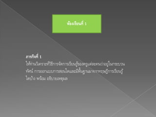 ห้องเรียนที่ 1




ภารกิจที่ 1
ให้ท่านวิเคราะห์วธการจัดการเรียนรูของครูแต่ละคนว่าอยู่ในกระบวน
                 ิี               ้
ทัศน์ การออกแบบการสอนใดและมีพ้นฐานมาจากทฤษฎีการเรียนรู ้
                                    ื
ใดบ้าง พร้อม อธิบายเหตุผล
 