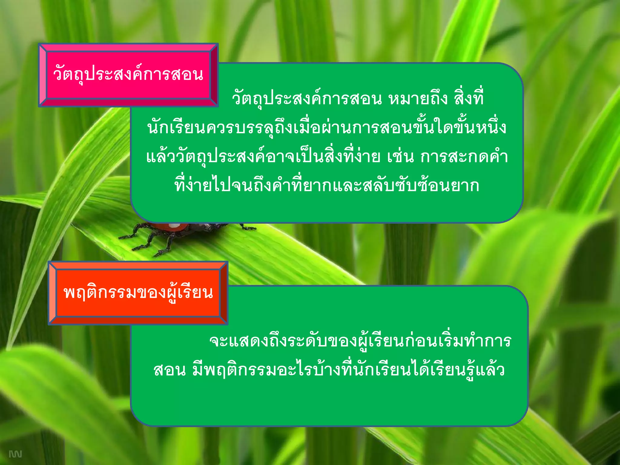 วัตถุประสงค์ การสอน
                         วัตถุประสงค์ การสอน หมายถึง สิ่งที่
           นักเรียนควรบรรลุถงเมื่อผ่ านการสอนขันใดขันหนึ่ง
                                ึ                      ้    ้
           แล้ ววัตถุประสงค์ อาจเป็ นสิ่งที่ง่าย เช่ น การสะกดคา
                ที่ง่ายไปจนถึงคาที่ยากและสลับซับซ้ อนยาก



 พฤติกรรมของผู้เรียน

                  จะแสดงถึงระดับของผู้เรียนก่ อนเริ่มทาการ
            สอน มีพฤติกรรมอะไรบ้ างที่นักเรียนได้ เรียนรู้แล้ ว
 