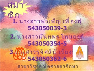 สมา
ชิ ก
 1. นางสาวพรเพ็ ญ เฟื ่ อ งฟู
      543050039-3
2. นางสาวนั น ทพร โพนยงค์
      543050354-5
3.นางสาวรุ จ ิ ศ สิ น ี เวี ย งนนท์
      543050362-6
   สาขาวิ ช าคณิ ต ศาสตรศึ ก ษา
 