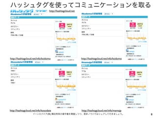 ハッシュタグを使ってコミュニケーションを取る
                                   http://hashtagcloud.net




http://hashtagcloud.net/info/kodomo                          http://hashtagcloud.net/info/kodomo




http://hashtagcloud.net/info/kosodate                        http://hashtagcloud.net/info/mamajp
                    イーンスパイア(株) 横田秀珠の著作権を尊重しつつ、是非ノウハウはシェアして行きましょう。                                  8
 