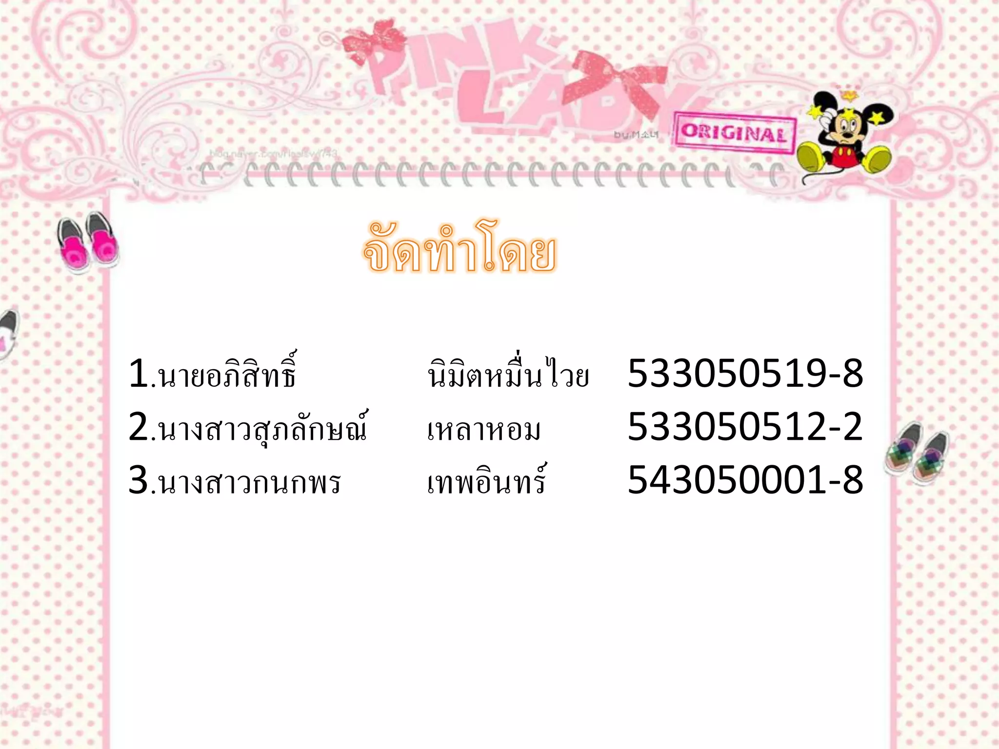 1.นายอภิสิทธิ์       นิมิตหมื่นไวย 533050519-8
2.นางสาวสุ ภลักษณ์   เหลาหอม       533050512-2
3.นางสาวกนกพร        เทพอินทร์     543050001-8
 