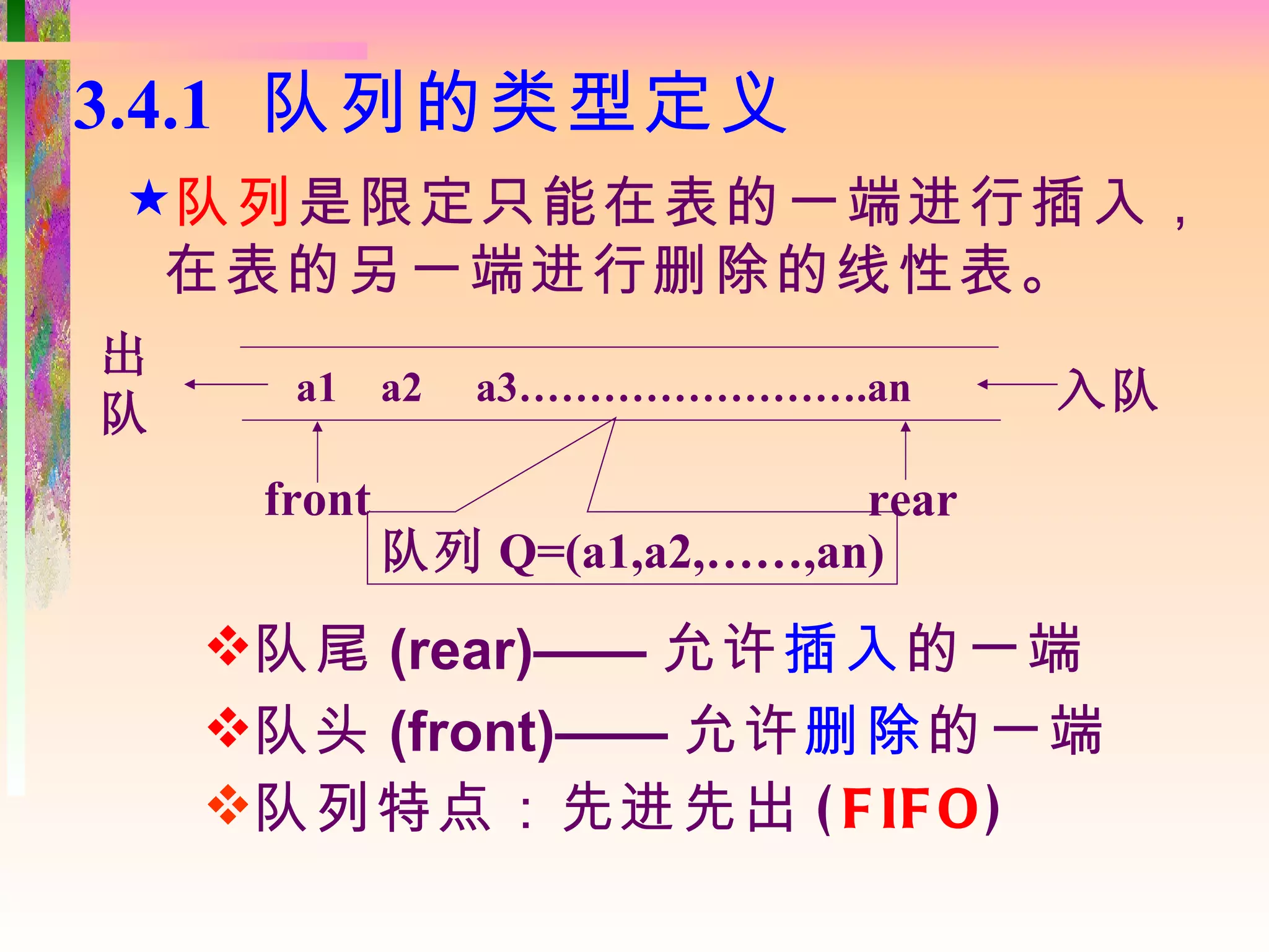 3.4.1 队列的类型定义
队列是限定只能在表的一端进行插入，
 在表的另一端进行删除的线性表。
出
      a1     a2   a3…………………….an      入队
队
     front                    rear
             队列 Q=(a1,a2,……,an)
    队尾 (rear)—— 允许插入的一端
    队头 (front)—— 允许删除的一端
    队列特点：先进先出 ( F IF O )
 