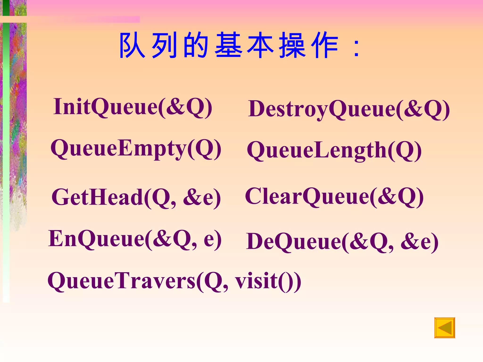 队列的基本操作：
InitQueue(&Q)     DestroyQueue(&Q)
QueueEmpty(Q)     QueueLength(Q)
GetHead(Q, &e) ClearQueue(&Q)
EnQueue(&Q, e) DeQueue(&Q, &e)
QueueTravers(Q, visit())
 