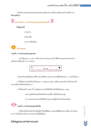 เอกสารประกอบการสอน เรื่อง อวัยวะรับสัมผัส     3



        นักเรียนอาจทดสอบดูว่าแต่ละบริเวณของเรตินาสามารถเห็นความชัดเจนเท่ากันหรือไม่ จาก
กิจกรรมที่ 8.1

      กิจกรรมที่ 8.1 การหาตาแหน่งของจุดบอดและโฟเวีย

        วัสดุอุปกรณ์

                    1.กระดาษ

                    2.ไม้บรรทัด

                    3.ปากกาหรือดินสอ

        วิธีการทดลอง

ตอนที่ 1 การหาตาแหน่งของจุดบอด

           1.ทาเครื่องหมาย + และ • ลงในกระดาษขาวในแนวระดับ ให้มีขนาดและระยะห่างระหว่าง
เครื่องหมายทั้งสองนี้ 10 cm ดังภาพ




         2.หลับตาซ้ายเหยียดมือขวาที่จับกระดาษให้ตรง และยกกระดาษที่มีเครื่องหมาย + ตรงกับนัยน์ขวา

        3. ให้นัยน์ตาขวาจับนิ่งกับเครื่องหมาย + ตลอดเวลา ค่อยๆ เคลื่อนกระดาษเข้ามาใกล้ตาอย่างช้า
จนกระทั่งมองไม่เห็นเครื่องหมาย •

         4.ทาขั้นตอนที่ 2 และ3 ซ้า แต่หลับตาขวาและให้นัยน์ซ้ายจับที่เครื่องหมาย • แทน

                       -เพราะเหตุใดจึงมองไม่เห็นเครื่องหมายจุทั้งๆ ยังมีเครื่องหมายอยู่

                       -จาการทดลองพอจะบอกได้หรือไม่ว่าจุดบอดอยู่เยื้องไปทางใดของนัยน์ตา

          ตอนที่ 2 การหาตาแหน่งของโฟเวีย
                                                                                                            16 กรกฎาคม 2555




         1.ให้นักเรียนยื่นแขนไปข้างหลังเพื่อรับวัตถุที่มีสีสดๆ และระบุสีได้ชัดเจนจากเพื่อน เช่น ดินสอ
ปากกา โดยนักเรียน ไม่ทราบมาก่อนว่าวัตถุนั้นมีสีอะไร


Biologynsp.wordpress.com
 