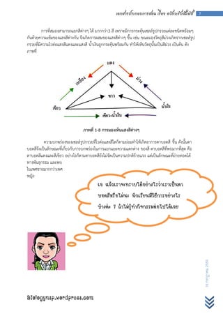 เอกสารประกอบการสอน เรื่อง อวัยวะรับสัมผัส          7



         การที่สมองสามารถแยกสีต่างๆ ได้ มากกว่า 3 สี เพราะมีการกระตุ้นเซลล์รูปกรวยแต่ละชนิดพร้อมๆ
กันด้วยความเข้มของแสงสีต่างกัน จึงเกิดการผสมของแสงสีต่างๆ ขึ้น เช่น ขณะมองวัตถุสีม่วงเกิดจากเซลล์รูป
กรวยที่มีความไวต่อแสงสีแดงและแสงสี น้าเงินถูกกระตุ้นพร้อมกัน ทาให้เห็นวัตถุนั้นเป็นสีม่วง เป็นต้น ดัง
ภาพที่




                                 ภาพที่ 1-8 การมองเห็นแสงสีต่างๆ

          ความบกพร่องของเซลล์รูปกรวยที่ไวต่อแสงสีใดก็ตามย่อมทาให้เกิดอาการตาบอดสี ขึ้น ดังนั้นตา
บอดสีจึงเป็นลักษณะที่เกี่ยวกับการบกพร่องในการแยกแยะความแตกต่าง ของสี ตาบอดสีที่พบมากที่สุด คือ
ตาบอดสีแดงและสีเขียว อย่างไรก็ตามตาบอดสียังไม่จัดเป็นความปกติร้ายแรง แต่เป็นลักษณะที่ถ่ายทอดได้
ทางพันธุกรรม และพบ
ในเพศชายมากกว่าเพศ
หญิง
                                          เอ แล้วเราจะทราบได้อย่างไรว่าเราเป็นตา
                                          บอดสีหรือไม่นะ นักเรียนมีวิธีการอย่างไร
                                          บ้างค่ะ ? ถ้าไม่รู้ทากิจกรรมต่อไปได้เลย
                                          ถ้าไม่รู้ลองทากิจกรรมนี้ดูนะค่ะ
                                                                                                            16 กรกฎาคม 2555




Biologynsp.wordpress.com
 