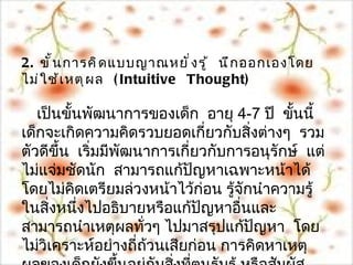 2. ขั ้ น การคิ ด แบบญาณหยั ่ ง รู ้ นึ ก ออกเองโดย
ไม่ ใ ช้ เ หตุ ผ ล ( Intuitive Thought)

   เป็นขั้นพัฒนำกำรของเด็ก อำยุ 4-7 ปี ขั้นนี้
เด็กจะเกิดควำมคิดรวบยอดเกี่ยวกับสิ่งต่ำงๆ รวม
ตัวดีขึ้น เริ่มมีพัฒนำกำรเกี่ยวกับกำรอนุรักษ์ แต่
ไม่แจ่มชัดนัก สำมำรถแก้ปญหำเฉพำะหน้ำได้
                             ั
โดยไม่คดเตรียมล่วงหน้ำไว้ก่อน รู้จักนำำควำมรู้
          ิ
ในสิงหนึ่งไปอธิบำยหรือแก้ปญหำอื่นและ
     ่                         ั
สำมำรถนำำเหตุผลทั่วๆ ไปมำสรุปแก้ปญหำ โดย
                                     ั
ไม่วิเครำะห์อย่ำงถี่ถ้วนเสียก่อน กำรคิดหำเหตุ
 