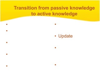 Transition from passive knowledge
            to active knowledge

•                   •
•
                    • Update
•
                    •
•

•                   •
 