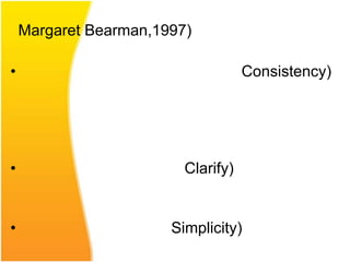 Margaret Bearman,1997)

•                                   Consistency)




•                        Clarify)


•                      Simplicity)
 