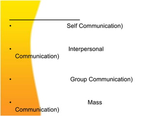 •                    Self Communication)


•                    Interpersonal
    Communication)


•                     Group Communication)


•                           Mass
    Communication)
 