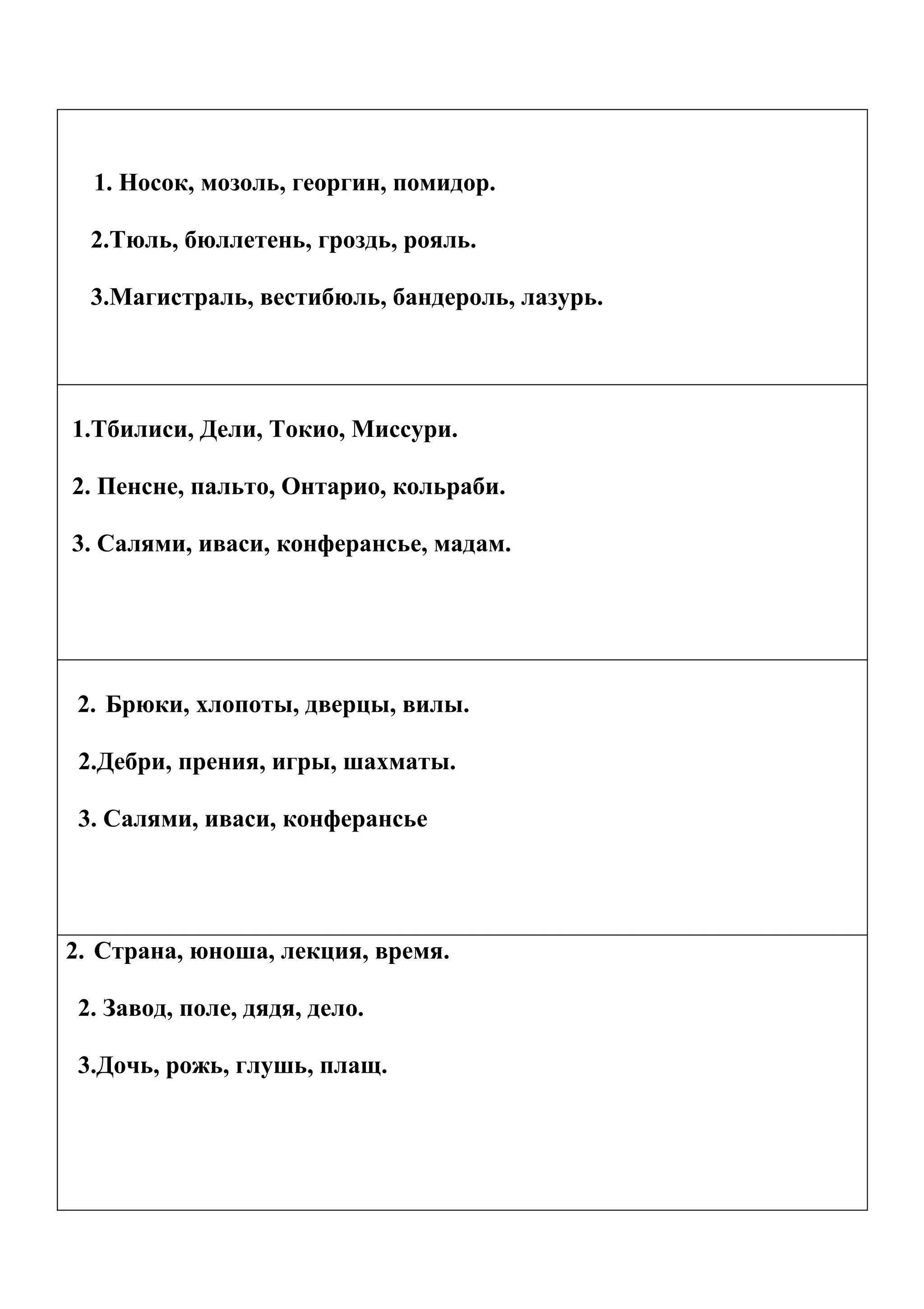 1. Носок, мозоль, георгин, помидор.

  2.Тюль, бюллетень, гроздь, рояль.

  3.Магистраль, вестибюль, бандероль, лазурь.




1.Тбилиси, Дели, Токио, Миссури.

2. Пенсне, пальто, Онтарио, кольраби.

3. Салями, иваси, конферансье, мадам.




2. Брюки, хлопоты, дверцы, вилы.

 2.Дебри, прения, игры, шахматы.

 3. Салями, иваси, конферансье




2. Страна, юноша, лекция, время.

 2. Завод, поле, дядя, дело.

 3.Дочь, рожь, глушь, плащ.
 