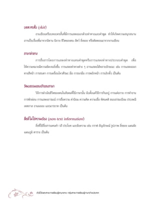 ∫∑≈–§√ —Èπ (skit)
           ß“π‡¢’¬πÀ√◊Õ∫∑≈–§√ —Èπ∑’Ë¡’°“√· ¥ßÕÕ°¥â«¬∑à“∑“ß·≈–§”æŸ¥ ∑”„Àâ‡°‘¥§«“¡ πÿ° π“π
Õ“®‡ªìπ‡√◊ËÕß∑’Ë¡“®“°π‘∑“π π‘¬“¬ ™’«‘µ¢Õß§π  —µ«å  ‘Ëß¢Õß À√◊Õµ—¥µÕπ¡“®“°ß“π‡¢’¬π


¿“…“∑à“∑“ß
          °“√ ◊Ë Õ  “√‚¥¬°“√· ¥ß∑à “ ∑“ß·∑π§”æŸ ¥ À√◊ Õ °“√· ¥ß∑à “ ∑“ßª√–°Õ∫§”æŸ ¥ ‡æ◊Ë Õ
„Àâ§«“¡À¡“¬¡’§«“¡™—¥‡®π¬‘Ëß¢÷Èπ °“√· ¥ß∑à“∑“ßµà“ß Ê Õ“®· ¥ß‰¥âÀ≈“¬≈—°…≥– ‡™àπ °“√· ¥ßÕÕ°
∑“ß ’Àπâ“ °“√ ∫µ“ °“√‡§≈◊ËÕπ‰À«»’√…– ¡◊Õ °“√¬°¡◊Õ °“√æ¬—°Àπâ“ °“√‡≈‘°§‘È« ‡ªìπµâπ


«—≤π∏√√¡¢Õß‡®â“¢Õß¿“…“
          «‘∂’°“√¥”‡π‘π™’«‘µ¢Õß§π„π —ß§¡∑’Ë„™â¿“…“π—Èπ π—∫µ—Èß·µà«‘∏’°“√°‘πÕ¬Ÿà °“√·µàß°“¬ °“√∑”ß“π
°“√æ—°ºàÕπ °“√· ¥ßÕ“√¡≥å °“√ ◊ËÕ§«“¡ §à“π‘¬¡ §«“¡§‘¥ §«“¡‡™◊ËÕ ∑—»π§µ‘ ¢π∫∏√√¡‡π’¬¡ ª√–‡æ≥’
‡∑»°“≈ ß“π©≈Õß ·≈–¡“√¬“∑ ‡ªìπµâπ

 ◊ËÕ∑’Ë ‰¡à „™à§«“¡‡√’¬ß (non-text information)
          ‘Ëß∑’Ë„™â ◊ËÕ “√·∑π§” «≈’ ª√–‚¬§ ·≈–¢âÕ§«“¡ ‡™àπ °√“ø  —≠≈—°…≥å √Ÿª¿“æ  ‘Ëß¢Õß ·ºπº—ß
·ºπ¿Ÿ¡‘ µ“√“ß ‡ªìπµâπ




     76    µ—«™’È«—¥·≈– “√–°“√‡√’¬π√Ÿâ·°π°≈“ß °≈ÿà¡ “√–°“√‡√’¬π√Ÿâ¿“…“µà“ßª√–‡∑»
 