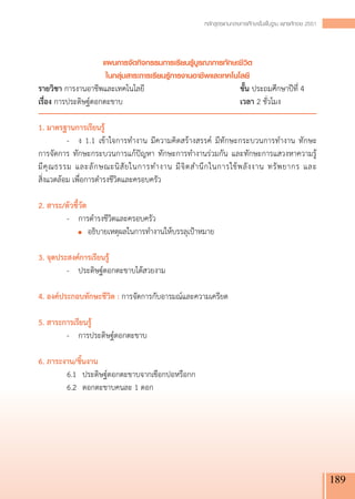 หลักสูตรแกนกลางการศึกษาขั้นพื้นฐาน พุทธศักราช 2551



                      แผนการจัดกิจกรรมการเรียนรู้บูรณาการทักษะชีวิต 
                       ในกลุ่มสาระการเรียนรู้การงานอาชีพและเทคโนโลยี
รายวิชา การงานอาชีพและเทคโนโลยี	                                    ชั้น ประถมศึกษาปีที่ 4 
เรื่อง การประดิษฐ์ดอกตะขาบ	                                         เวลา 2 ชั่วโมง

1. มาตรฐานการเรียนรู้
	          -	 ง 1.1 เข้าใจการทำงาน มีความคิดสร้างสรรค์ มีทักษะกระบวนการทำงาน ทักษะ 

การจัดการ ทักษะกระบวนการแก้ปัญหา ทักษะการทำงานร่วมกัน และทักษะการแสวงหาความรู้ 

มี คุ ณ ธรรม และลั ก ษณะนิ สั ย ในการทำงาน มี จิ ต สำนึ ก ในการใช้ พ ลั ง งาน ทรั พ ยากร และ

สิ่งแวดล้อม เพื่อการดำรงชีวิตและครอบครัว

2. สาระ/ตัวชี้วัด
	          -	 การดำรงชีวิตและครอบครัว
		 	 อธิบายเหตุผลในการทำงานให้บรรลุเป้าหมาย

3. จุดประสงค์การเรียนรู้ 
	          -	 ประดิษฐ์ดอกตะขาบได้สวยงาม

4. องค์ประกอบทักษะชีวิต : การจัดการกับอารมณ์และความเครียด
  
5. สาระการเรียนรู้
	          -	 การประดิษฐ์ดอกตะขาบ

6. ภาระงาน/ชิ้นงาน
	          6.1	 ประดิษฐ์ดอกตะขาบจากเชือกปอหรือกก
	          6.2	 ดอกตะขาบคนละ 1 ดอก





                                                                                                            189
 