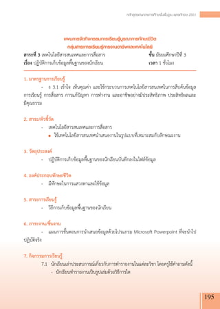 หลักสูตรแกนกลางการศึกษาขั้นพื้นฐาน พุทธศักราช 2551



                        แผนการจัดกิจกรรมการเรียนรู้บูรณาการทักษะชีวิต 
                           กลุ่มสาระการเรียนรู้การงานอาชีพและเทคโนโลยี
สาระที่ 3 เทคโนโลยีสารสนเทศและการสื่อสาร	                           ชั้น มัธยมศึกษาปีที่ 3 
เรื่อง ปฏิบัติการเก็บข้อมูลพื้นฐานของนักเรียน	                      เวลา 1 ชั่วโมง

1. มาตรฐานการเรียนรู้
	          -	 ง 3.1 เข้าใจ เห็นคุณค่า และใช้กระบวนการเทคโนโลยีสารสนเทศในการสืบค้นข้อมูล 

การเรียนรู้ การสื่อสาร การแก้ปัญหา การทำงาน และอาชีพอย่างมีประสิทธิภาพ ประสิทธิผลและ

มีคุณธรรม

2. สาระ/ตัวชี้วัด
  	        -	 เทคโนโลยีสารสนเทศและการสื่อสาร
		 	 ใช้เทคโนโลยีสารสนเทศนำเสนองานในรูปแบบที่เหมาะสมกับลักษณะงาน

3. วัตถุประสงค์
	          -	 ปฏิบัติการเก็บข้อมูลพื้นฐานของนักเรียนบันทึกลงในไฟล์ข้อมูล

4. องค์ประกอบทักษะชีวิต
	          -	 มีทักษะในการแสวงหาและใช้ข้อมูล

5. สาระการเรียนรู้
	          -	 วิธีการเก็บข้อมูลพื้นฐานของนักเรียน

6. ภาระงาน/ชิ้นงาน
	          -	 แผนการขั้นตอนการนำเสนอข้อมูลด้วยโปรแกรม Microsoft Powerpoint ที่จะนำไป

ปฏิบัติจริง

7. กิจกรรมการเรียนรู้
	          7.1	 นักเรียนเล่าประสบการณ์เกี่ยวกับการทำรายงานในแต่ละวิชา โดยครูใช้คำถามดังนี้
		 -	 นักเรียนทำรายงานเป็นรูปเล่มด้วยวิธีการใด


                                                                                                            195
 