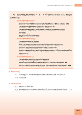 หลักสูตรแกนกลางการศึกษาขั้นพื้นฐาน พุทธศักราช 2551




   	 7.7	 สนทนาด้วยเทคนิคคำถาม R - C - A เพื่อพัฒนาทักษะชีวิต การแก้ไขปัญหา
                
   ในภาวะวิกฤต
  	         คำถามเพื่อการสะท้อน (R)
  	         -	 จากการเรียนรู้การสร้างข้อมูลจากโปรแกรม Microsoft PowerPoint แล้ว		
  		 นักเรียนมีความรู้สึกต่อการเปลี่ยนแปลงตนเองอย่างไร
  	         -	 นักเรียนคิดว่าข้อมูลของบุคคลแต่ละคนมีความลับที่แตกต่างกันหรือไม่ 
  		 เพราะอะไร
  	         -	 ข้อมูลเหล่านี้ผู้อื่นจะรู้ได้หรือไม่
  	         คำถามเพื่อการเชื่อมโยง (C)
  	         -	 นักเรียนคิดว่าความลับคืออะไร
  	         -	 ที่ผ่านมานักเรียนเคยมีความรู้สึกไม่พอใจหรือได้รับความเดือดร้อน
  		 จากการไม่รักษาความลับของเพื่อบ้างหรือไม่ เพราะอะไร
  	         -	 การนำความลับผู้อื่นไปเปิดเผยให้ผู้อื่นเสียหายเป็นบุคคลที่ควรค่าต่อคำว่าเพื่อน	
  		 หรือไม่อย่างไร
  	         คำถามเพื่อการปรับใช้ (A)
  	         -	 นักเรียนจะรักษาความลับของเพื่อนได้อย่างไร
  	         -	 หากเพื่อนมีความลับที่ต้องการความช่วยเหลือ นักเรียนจะทำอย่างไร เช่น 
  		 การลอกการบ้านเพราะทำการบ้านไม่ได้ การมีเพศสัมพันธ์ การมีความรัก ฯลฯ
  
8. สื่อการเรียนรู้ 
	         8.1	 ใบความรู้เรื่อง วิธีการเก็บข้อมูลลงในโปรแกรม Microsoft PowerPoint 
	         8.2	 ใบกิจกรรม

9. การประเมินผล
	         9.1	 ตรวจผลงานที่นำเสนอ
	         9.2	 สังเกตพฤติกรรมการแสดงความคิดเห็นจากใบกิจกรรมและประเด็นคำถาม R - C - A





                                                                                                             197
 