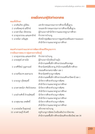 หลักสูตรแกนกลางการศึกษาขั้นพื้นฐาน พุทธศักราช 2551




                        รายชื่อคณะผู้จัดทำเอกสาร
คณะที่ปรึกษา
	 1.	นายชินภัทร ภูมิรัตน	         เลขาธิการคณะกรรมการการศึกษาขั้นพื้นฐาน
	 2.	นายชัยพฤกษ์ เสรีรักษ์	       รองเลขาธิการคณะกรรมการการศึกษาขั้นพื้นฐาน
	 3.	นางสาววีณา อัครธรรม	         ผู้อำนวยการสำนักวิชาการและมาตรฐานการศึกษา
	 4.	นางอุบลวรรณ แสนมหายักษ์	 ข้าราชการบำนาญ
	 5.	นางธนิมา เจริญสุข	           หัวหน้ากลุ่มพัฒนาระบบการดูแลช่วยเหลือและการแนะแนว
			                               สำนักวิชาการและมาตรฐานการศึกษา

คณะทำงานยกร่างแนวทางการพัฒนาทักษะชีวิตบูรณาการ
การเรียนการสอน 8 กลุ่มสาระการเรียนรู้
	 1.	นางอุบลวรรณ แสนมหายักษ์	 ข้าราชการบำนาญ
	 2.	นายอดุลย์ เตาวะโต	           ผู้อำนวยการโรงเรียนบ้านอุไร 
			                               สำนักงานเขตพื้นที่การศึกษาประถมศึกษาสตูล
	 3.	นางศิริรัตน์ บุญตานนท์	      ศึกษานิเทศน์เชี่ยวชาญ สำนักงานเขตพื้นที่การศึกษา
			                               ประถมศึกษานครราชสีมา เขต 1
	 4.	นางเครือมาศ เจะสาเมาะ	       ศึกษานิเทศชำนาญการพิเศษ 
			                               สำนักงานเขตพื้นที่การศึกษาประถมศึกษาปัตตานี เขต 1
	 5.	นางเกยูร ปุริยพฤทธิ์	        นักวิชาการศึกษาชำนาญการพิเศษ 
			                               สำนักวิชาการและมาตรฐานการศึกษา
	 6.	นางสาวพรนิภา ศิลป์ประคอง	 นักวิชาการศึกษาชำนาญการพิเศษ 
			                               สำนักวิชาการและมาตรฐานการศึกษา
	 7.	นายธำรงศักดิ์ ธำรงเลิศฤทธิ์	 นักวิชาการศึกษาชำนาญการพิเศษ 
			                               สำนักวิชาการและมาตรฐานการศึกษา
	 8.	นางสุขเกษม เทพสิทธิ์	        นักวิชาการศึกษาชำนาญการพิเศษ 
			                               สำนักวิชาการและมาตรฐานการศึกษา
	 9.	นางประไพ ปิ่นสุวรรณ์	        จข้าราชการบำนาญ
	10.	นางสาวมยุรี ด้วงศรี	         ครูชำนาญการพิเศษ โรงเรียนสันป่ายางวิทยาคม 
			                               สำนักงานเขตพื้นที่การศึกษามัธยมศึกษาเชียงใหม่ เขต 34



                                                                                                          233
 