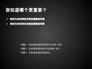 我知道哪个更重要？
●   尝试为你的网站页面按重要度列表

●   尝试为你的项目功能按重要度列表




        问题1：你的表格是否和用户PV分布一致？
        问题2：你的表格是否和产品经理一致？
        问题3：你的表格是否有缺失？
 