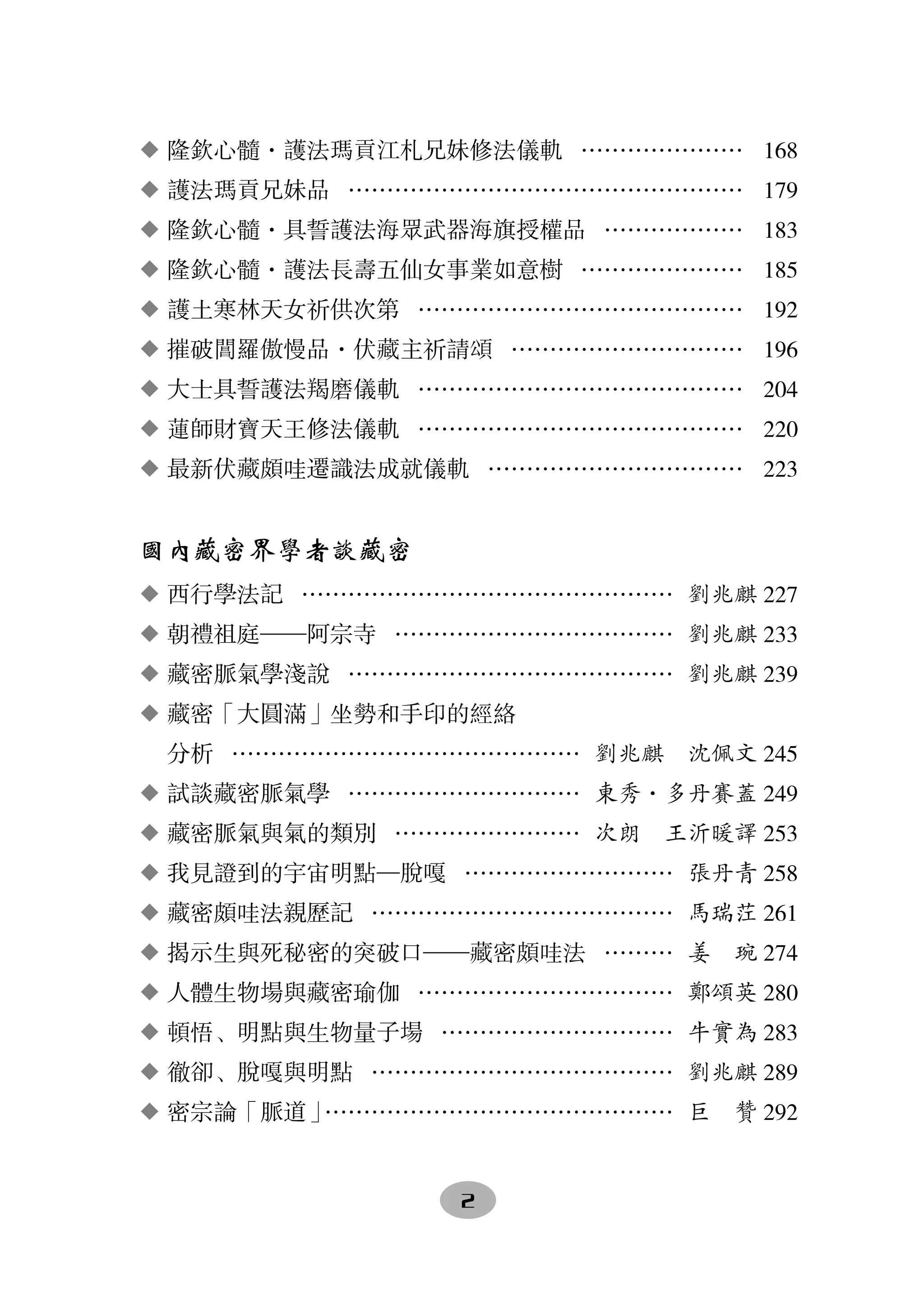 ◆ 隆欽心髓·護法瑪貢江札兄妹修法儀軌… ………………… 168
◆ 護法瑪貢兄妹品… …………………………………………… 179
◆ 隆欽心髓·具誓護法海眾武器海旗授權品… ……………… 183
◆ 隆欽心髓·護法長壽五仙女事業如意樹… ………………… 185
◆ 護土寒林天女祈供次第… …………………………………… 192
◆ 摧破閶羅傲慢品·伏藏主祈請頌… ………………………… 196
◆ 大士具誓護法羯磨儀軌… …………………………………… 204
◆ 蓮師財寶天王修法儀軌… …………………………………… 220
◆ 最新伏藏頗哇遷識法成就儀軌… …………………………… 223


國內藏密界學者談藏密
◆ 西行學法記… ………………………………………… 劉兆麒 227
◆ 朝禮祖庭——阿宗寺… ……………………………… 劉兆麒 233
◆ 藏密脈氣學淺說… …………………………………… 劉兆麒 239
◆ 藏密「大圓滿」坐勢和手印的經絡
　 分析… ……………………………………… 劉兆麒　沈佩文 245
◆ 試談藏密脈氣學… ………………………… 東秀·多丹賽蓋 249
◆ 藏密脈氣與氣的類別… …………………… 次朗　王沂暖譯 253
◆ 我見證到的宇宙明點—脫嘎… ……………………… 張丹青 258
◆ 藏密頗哇法親歷記… ………………………………… 馬瑞茳 261
◆ 揭示生與死秘密的突破口——藏密頗哇法… ……… 姜　琬 274
◆ 人體生物場與藏密瑜伽… …………………………… 鄭頌英 280
◆ 頓悟、明點與生物量子場… ………………………… 牛實為 283
◆ 徹卻、脫嘎與明點… ………………………………… 劉兆麒 289
◆ 密宗論「脈道」………………………………………… 巨　贊 292


                2
 