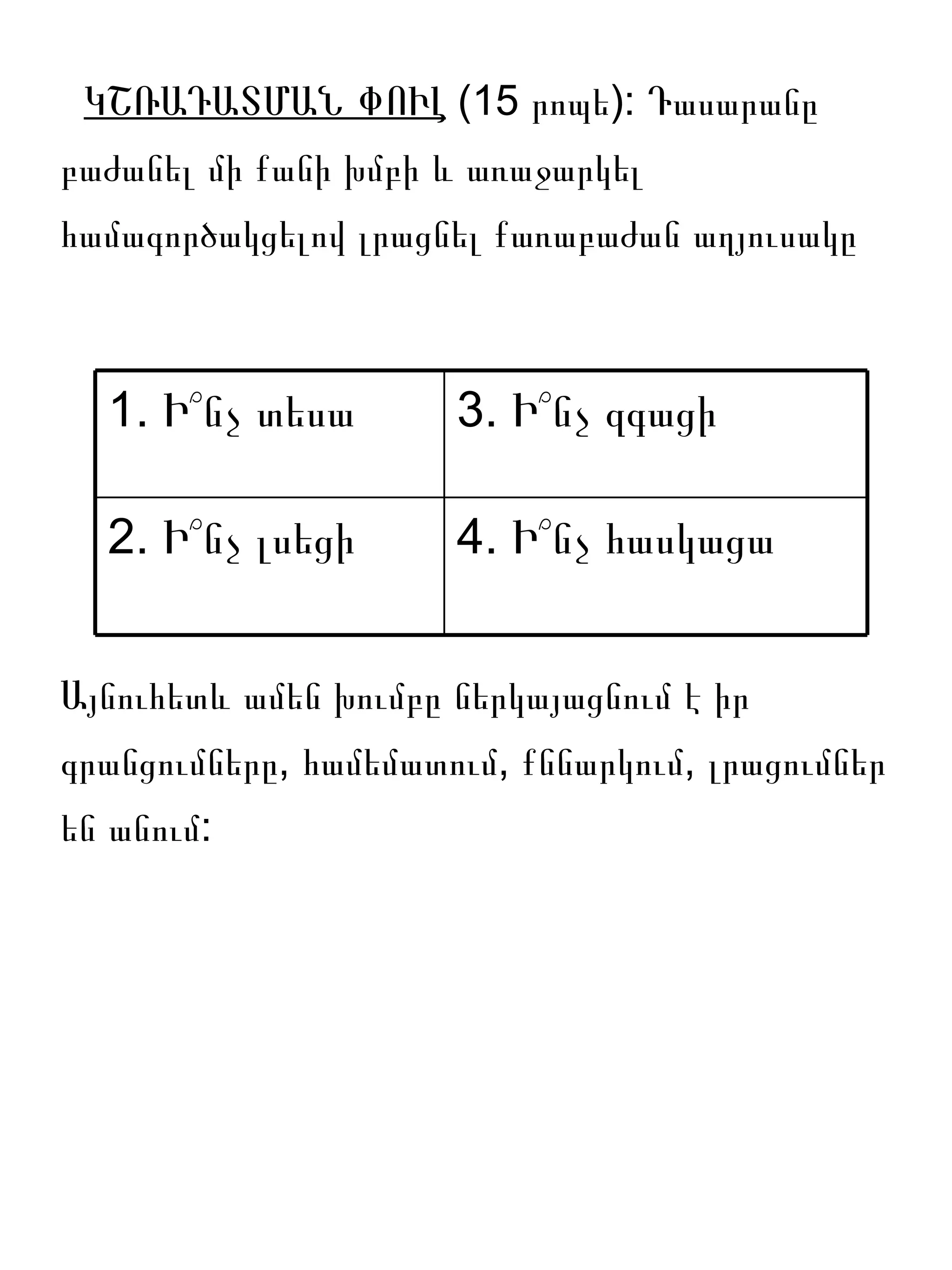 ԿՇՌԱԴԱՏՄԱՆ ՓՈՒԼ (15 րոպե): Դասարանը
բաժանել մի քանի խմբի և առաջարկել
համագործակցելով լրացնել քառաբաժան աղյուսակը



  1. Ի՞նչ տեսա        3. Ի՞նչ զգացի

  2. Ի՞նչ լսեցի       4. Ի՞նչ հասկացա


Այնուհետև ամեն խումբը ներկայացնում է իր
գրանցումները, համեմատում, քննարկում, լրացումներ
են անում:
 