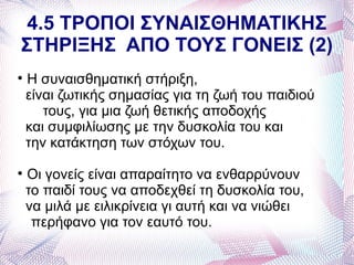 4.5 ΤΡΟΠΟΙ ΣΥΝΑΙΣΘΗΜΑΤΙΚΗΣ
ΣΤΗΡΙΞΗΣ ΑΠΟ ΤΟΥΣ ΓΟΝΕΙΣ (2)

    Η συναισθηματική στήριξη,
    είναι ζωτικής σημασίας για τη ζωή του παιδιού
       τους, για μια ζωή θετικής αποδοχής
    και συμφιλίωσης με την δυσκολία του και
    την κατάκτηση των στόχων του.

    Οι γονείς είναι απαραίτητο να ενθαρρύνουν
    το παιδί τους να αποδεχθεί τη δυσκολία του,
    να μιλά με ειλικρίνεια γι αυτή και να νιώθει
     περήφανο για τον εαυτό του.
 