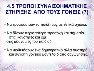 4.5 ΤΡΟΠΟΙ ΣΥΝΑΙΣΘΗΜΑΤΙΚΗΣ
ΣΤΗΡΙΞΗΣ ΑΠΟ ΤΟΥΣ ΓΟΝΕΙΣ (7)


    Να τροφοδοτούν το παιδί τους με θετικά σχόλια.

    Να δίνουν περισσότερη προσοχή και σημασία
     στις ικανότητες και όχι
    στις αδυναμίες του παιδιού.

    Να υιοθετήσουν ένα δημοκρατικό αλλά αυστηρό
     και συνεπή γονεϊκό μοντέλο διαπαιδαγώγησης.
 