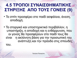 4.5 ΤΡΟΠΟΙ ΣΥΝΑΙΣΘΗΜΑΤΙΚΗΣ
ΣΤΗΡΙΞΗΣ ΑΠΟ ΤΟΥΣ ΓΟΝΕΙΣ (9)

    Το σπίτι προσφέρει στο παιδί ασφάλεια, άνεση,
       αποδοχή.

    Το στοργικό και υποστηρικτικό περιβάλλον, η
     υποστήριξη, η αποδοχή και η ενθάρρυνση, που
      οι γονείς θα προσφέρουν στο παιδί τους θα
    είναι η ακλόνητη βάση για την προσωπική του
             ανάπτυξη και την πρόοδο στις σπουδές
    του.

                      Τσούγκα Παναγιώτα
 