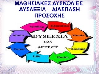 ΜΑΘΗΣΙΑΚΕΣ ΔΥΣΚΟΛΙΕΣ
 ΔΥΣΛΕΞΙΑ – ΔΙΑΣΠΑΣΗ
     ΠΡΟΣΟΧΗΣ
 