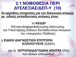 2.1 ΝΟΜΟΘΕΣΙΑ ΠΕΡΙ
        ΔΥΣΛΕΞΙΑΣ/ΔΕΠ-Υ (10)
Οι αρμόδιες υπηρεσίες για την διάγνωση ατόμων
με ειδικές εκπαιδευτικές ανάγκες είναι:

                     τα ΚΕΔΔΥ
      (Κέντρα Διαφοροδιάγνωσης Διάγνωσης
 και Υποστήριξης Ειδικών Εκπαιδευτικών Αναγκών
            του υπουργείου Παιδείας)

η ΕΙΔΙΚΗ ΔΙΑΓΝΩΣΤΙΚΗ ΕΠΙΤΡΟΠΗ
             ΑΞΙΟΛΟΓΗΣΗΣ (ΕΔΕΑ)

    και τα ΙΑΤΡΟΠΑΙΔΑΓΩΔΙΚΑ ΚΕΝΤΡΑ (ΙΠΔ)
              των άλλων υπουργείων.
 