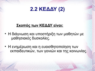 2.2 ΚΕΔΔΥ (2)


        Σκοπός των ΚΕΔΔΥ είναι:

    Η διάγνωση και υποστήριξη των μαθητών με
     μαθησιακές δυσκολίες.

    Η ενημέρωση και η ευαισθητοποίηση των
     εκπαιδευτικών, των γονιών και της κοινωνίας.
 