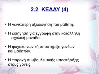 2.2 ΚΕΔΔΥ (4)


    Η γενικότερη αξιολόγηση του μαθητή.

    Η εισήγηση για εγγραφή στην κατάλληλη
     σχολική μονάδα.

    Η ψυχοκοινωνική υποστήριξη γονέων
    και μαθητών.

    Η παροχή συμβουλευτικής υποστήριξης
    στους γονείς.
 