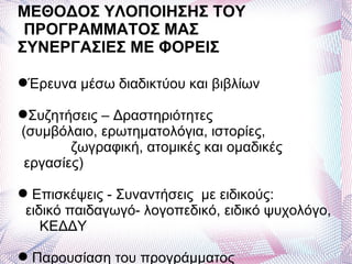 ΜΕΘΟΔΟΣ ΥΛΟΠΟΙΗΣΗΣ ΤΟΥ
 ΠΡΟΓΡΑΜΜΑΤΟΣ ΜΑΣ
ΣΥΝΕΡΓΑΣΙΕΣ ΜΕ ΦΟΡΕΙΣ

Έρευνα μέσω διαδικτύου και βιβλίων

Συζητήσεις – Δραστηριότητες
(συμβόλαιο, ερωτηματολόγια, ιστορίες,
        ζωγραφική, ατομικές και ομαδικές
 εργασίες)

 Επισκέψεις - Συναντήσεις με ειδικούς:
 ειδικό παιδαγωγό- λογοπεδικό, ειδικό ψυχολόγο,
    ΚΕΔΔΥ

 Παρουσίαση του προγράμματος
 