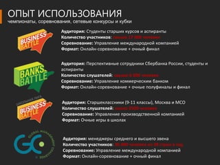ОПЫТ ИСПОЛЬЗОВАНИЯ
чемпионаты, соревнования, сетевые конкурсы и кубки

                     Аудитория: Студенты старших курсов и аспиранты
                     Количество участников: свыше 17 000 человек
                     Соревнование: Управление международной компанией
                     Формат: Онлайн-соревнование + очный финал

                     Аудитория: Перспективные сотрудники Сбербанка России, студенты и
                     аспиранты
                     Количество слушателей: свыше 6 000 человек
                     Соревнование: Управление коммерческим банком
                     Формат: Онлайн-соревнование + очные полуфиналы и финал


                     Аудитория: Старшеклассники (9-11 классы), Москва и МСО
                     Количество слушателей: около 3500 человек
                     Соревнование: Управление производственной компанией
                     Формат: Очные игры в школах


                      Аудитория: менеджеры среднего и высшего звена
                      Количество участников: 30.000 человек из 38 стран в год
                      Соревнование: Управление международной компанией
                      Формат: Онлайн-соревнование + очный финал
 