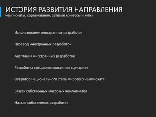 ИСТОРИЯ РАЗВИТИЯ НАПРАВЛЕНИЯ
чемпионаты, соревнования, сетевые конкурсы и кубки




     Использование иностранных разработок


     Перевод иностранных разработок


     Адаптация иностранных разработок


     Разработка специализированных сценариев

     Оператор национального этапа мирового чемпионата


     Запуск собственных массовых чемпионатов

     Начало собственных разработок
 