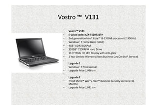 Vostro ™ V131
 •   Vostro™ V131
 •   E-value code: N/A-T520731TH
 •   2nd generation Intel® Core™ i3-2350M processor (2.30GHz)
 •   Windows® 7 Home Basic (64bit)
 •   4GB* DDR3 SDRAM
 •   320GB* 7200RPM Hard Drive
 •   13.3” Wide HD LED Display with Anti-glare
 •   1 Year Limited Warranty (Next Business Day On-Site* Service)
 •
     Upgrade 1
 •   Windows® 7 Professional
 •   Upgrade Price 1,996 บาท
 •
     Upgrade 2
 •   Trend Micro™ Worry-Free™ Business Security Services (36
     Months)
 •   Upgrade Price 1,081 บาท
 