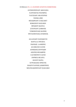 Η ΟΜΑΔΑ ΓΕ.Λ. Σ ΑΝΑΤΟΜΥ (ΕΝΕΡΓΗ ΣΥΜΜΕΤΟΧΗ)

         ΑΝΤΩΝΟΠΟΥΛΟΥ ΑΘΑΝΑΣΙΑ
           ΚΑΡΑΝΩΤΑΣ ΝΕΣΤΩΡΑΣ
          ΤΑΧΤΣΙΔΟΥ ΑΙΚΑΤΕΡΙΝΗ
               ΓΚΙΟΚΑ ΖΩΗ
          ΘΕΟΔΩΡΙΔΟΥ ΕΛΙΣΣΑΒΕΤ
           ΚΟΚΚΙΝΟΥ ΒΑΣΙΛΙΚΗ
             ΠΡΑΣΣΟΥ ΙΩΑΝΝΑ
            ΣΤΑΥΡΙΔΟΥ ΣΑΒΒΑΤΩ
           ΤΖΙΦΟΠΟΥΛΟΣ ΜΑΡΙΟΣ
         ΤΡΕΥΛΟΠΟΥΛΟΣ ΑΝΤΩΝΙΟΣ


          ΑΣΛΑΝΙΔΟΥ ΠΑΡΑΣΚΕΥΗ
             ΒΑΡΤΑΛΑ ΤΡΙΓΩΝΑ
            ΓΚΟΓΚΟΣ ΛΑΜΠΡΟΣ
            ΔΕΛΗΒΑΝΗ ΕΛΕΝΗ
           ΔΕΜΙΣΚΗΣ ΣΠΥΡΙΔΩΝ
            ΔΙΣΕΡΗΣ ΘΕΟΔΩΡΟΣ
            ΕΛΕΥΘΕΡΙΟΥ ΕΛΕΝΗ
             ΖΟΡΜΠΑ ΜΕΛΙΝΑ
              ΘΑΝΟΥ ΜΑΡΙΑ
           ΚΥΡΙΑΚΙΔΗΣ ΧΡΗΣΤΟΣ
        ΜΑΚΡΥΓΙΑΝΝΗΣ ΔΗΜΗΤΡΙΟΣ
       ΜΠΑΤΣΙΑΚΟΠΟΥΛΟΥ ΒΑΣΙΛΙΚΗ




                                             6
 