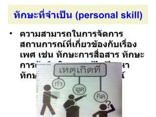 ทักษะที่จำาเป็น (personal skill)
• ความสามารถในการจัดการ
  สถานการณ์ทเกี่ยวข้องกับเรื่อง
               ี่
  เพศ เช่น ทักษะการสื่อสาร ทักษะ
  การตัดสินใจและแก้ไขปัญหา
  ทักษะการจัดการกับอารมณ์
 