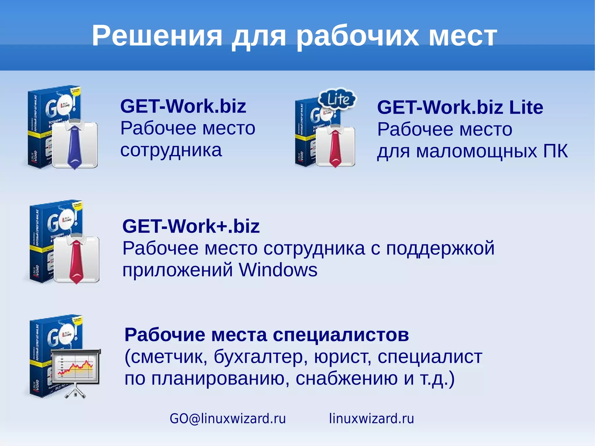 Линейка решений
                   LinuxWizard GET

  Get Enterprise Technologies



 Рабочие места
   Серверные решения



Технологии уровня предприятия
      GO@linuxwizard.ru   linuxwizard.ru
 