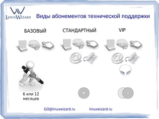 Виды абонементов технической поддержки

БАЗОВЫЙ              СТАНДАРТНЫЙ                VIP




6 или 12
месяцев

           GO@linuxwizard.ru   linuxwizard.ru
 