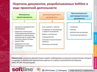 Перечень документов, разрабатываемых Softline в
 ходе проектной деятельности
                                                                  Организационно-
       Материалы                   Эксплуатационные
                                                                 распорядительные
     проектирования                   документы
                                                                    документы


 - материалы предпроектного     - акты, журналы , перечни      - положения
   обследования                 - инструкции по эксплуатации   - приказы
 - результаты технического        и правила пользования        - должностные инструкции
   проектирования (материалы    - формы и соглашения
   разработки и обоснования                                    - технические регламенты
   мероприятий по защите ПДн,   - матрица доступа
   описание облика системы      - описание технологического
   защиты ПДн)                    процесса
 - результаты опытной           - протоколы испытаний
   эксплуатации и итоговых
   испытаний




Примечание: указанная документация создаёт необходимую основу для осуществления контроля
и надзора за обработкой персональных данных со стороны уполномоченных органов
(ФСБ, ФСТЭК, Роскомнадзор)
 