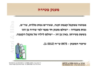 ‫מענק פטירה‬
 ‫‪Artzi & Hiba‬‬

                  ‫מבוטח שמקבל קצבת זקנה, שאירים נכות כללית, שר"מ,‬
                    ‫נכות מעבודה – ישולם מענק חד פעמי למי שהיה בן זוגו‬
                ‫בשעת פטירתו. באין בן זוג – ישולם לילדו של מקבל הקצבה.‬

                                                               ‫שיעור המענק – 5748 ש"ח )2102/1(.‬




‫רח' מנחם בגין 7, רמת-גן 18625 טל: 1114316-30 פקס: 3113316-30‬
 ‫שדרות פלי"ם 61, חיפה 59033 טל: 1818119-40 פקס: 8818119-40‬
 