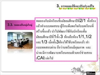 3. การทดลองใช้ และปรับปรุงแก้ ไข


                           ทดลองกับนักเรี ยนชั้นมัธยมศึกษาปี ที่2/1 ทั้งห้อง
3.3. ทดลองเป็ นกลุ่มใหญ่   แล้วทาแบบทดสอบ ผูเ้ รี ยนพึงพอใจกับบทเรี ยนที่
                                                         ั
                           สร้างขึ้นแล้ว นาไปพัฒนาใช้กบนักเรี ยนชั้น
                           มัธยมศึกษาปี ที่1ทั้ง 3 ห้องคือห้อง1/1,1/2
                           และ1/3 เมื่อทั้ง3ห้องได้ใช้บทเรี ยนแล้ว ทา
                           แบบทดสอบผ่าน ถือว่าบทเรี ยนมีคุณภาพ และ
                           น่าจะมีการพัฒนาบทเรี ยนคอมพิวเตอร์ ช่วยสอน
                           (CAI) ต่อไป
 