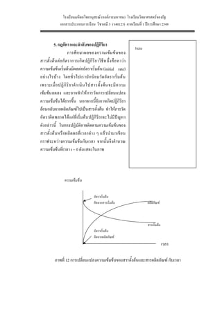 โรงเรียนมหิดลวิทยานุสรณ (องคการมหาชน) โรงเรียนวิทยาศาสตรของรัฐ
               เอกสารประกอบการเรียน วิชาเคมี 3 (ว40123) ภาคเรียนที่ 1 ปการศึกษา 2549


         5. กฎอัตราและลําดับของปฏิกิริยา
                                                                   Note
                   การศึ ก ษาผลของความเข ม ข น ของ
สารตั้งต น ตออั ตราการเกิด ปฏิ กิริย าวิธีห นึ่งคื อหาวา
ความเขมขนเริ่มตนมีผลตออัตราเริ่มตน (initial rate)
อย า งไรบ า ง โดยทั่ ว ไปเรามั ก นิ ย มวั ด อั ต ราเริ่ ม ต น
เพราะเมื่ อ ปฏิ กิ ริ ย าดํ า เนิ น ไปสารตั้ ง ต น จะมี ค วาม
เขมขนลดลง และอาจทําใหการวัดการเปลี่ยนแปลง
ความเขมขนไดยากขึ้น นอกจากนี้ยังอาจเกิดปฏิกิริยา
ยอนกลับจากผลิตภัณฑไปเปนสารตั้งตน ทําใหการวัด
อัตราผิดพลาดไดแตที่เริ่มตนปฏิกิริยาจะไมมีปญหา
ดังกลาวนี้ ในทางปฏิบัติอาจติดตามความเขมขนของ
สารตั้ งต น หรื อผลิตผลที่ เ วลาตาง ๆ แลว นํ ามาเขีย น
กราฟระหวางความเขมขนกับเวลา จากนั้นจึงคํานวณ
ความเขมขนที่เวลา t = 0 ดังแสดงในภาพ




                  ความเขมขน


                                        อัตราเริ่มตน
                                        คิดจากสารเริ่มตน                 ผลิตภัณฑ



                                                                          สารเริ่มตน
                                        อัตราเริ่มตน
                                        คิดจากผลิตภัณฑ
                                                                                        เวลา

          ภาพที่ 12 การเปลี่ยนแปลงความเขมขนของสารตั้งตนและสารผลิตภัณฑ กับเวลา




                                                            20
 