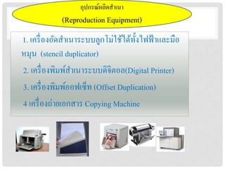อุปกรณ์ผลิตสาเนา
             (Reproduction Equipment)
1. เครื่ องอัดสาเนาระบบลูกโม่ใช้ได้ท้ งไฟฟ้ าและมือ
                                      ั
หมุน (stencil duplicator)
2. เครื่ องพิมพ์สาเนาระบบดิจิตอล(Digital Printer)
3. เครื่ องพิมพ์ออฟเซ็ท (Offset Duplication)
4 เครื่ องถ่ายเอกสาร Copying Machine
 