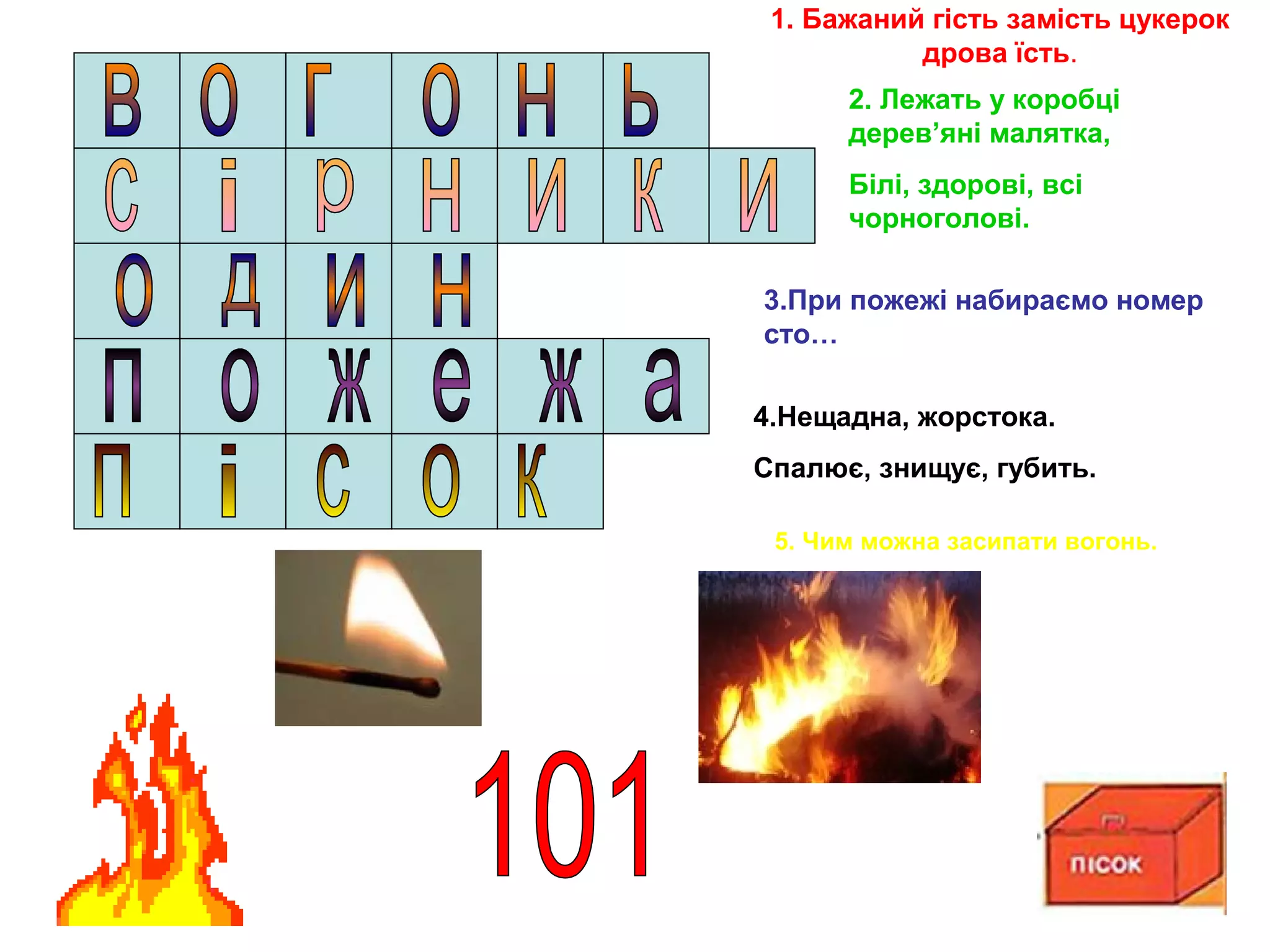 1. Бажаний гість замість цукерок
           дрова їсть.
      2. Лежать у коробці
      дерев’яні малятка,
      Білі, здорові, всі
      чорноголові.

3.При пожежі набираємо номер
сто…

4.Нещадна, жорстока.
Спалює, знищує, губить.

 5. Чим можна засипати вогонь.
 