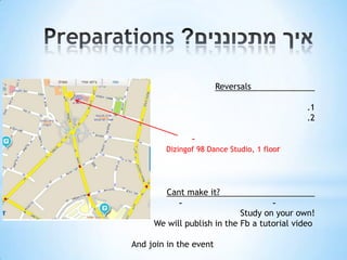 Reversals

                                            .1
                                            .2

               -
        Dizingof 98 Dance Studio, 1 floor




        Cant make it?
           -                        -
                            Study on your own!
     We will publish in the Fb a tutorial video

And join in the event
 